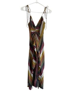 Free People Multicolor Stripe Ruched Maxi Dress Tie Strap Boho Festival Size S
